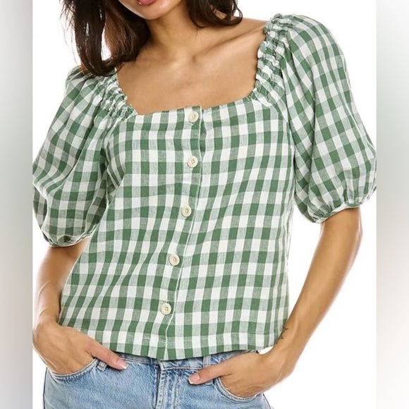 Madewell Tops - Madewell Linen-Cotton Gingham Puff Sleeve Top Green White Square Neck Blouse S